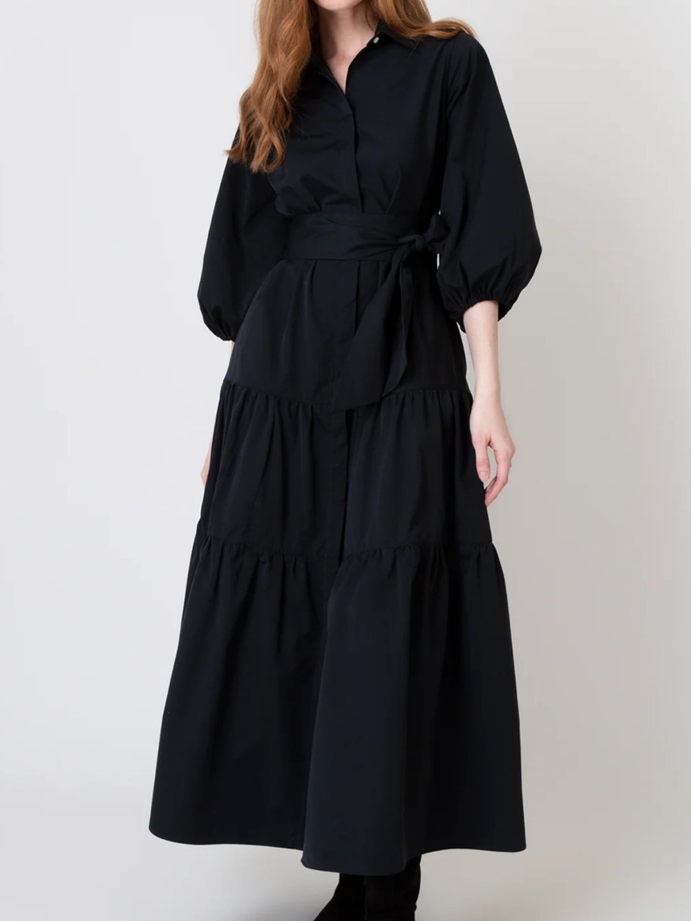 Ann Mashburn Isla Navy Blue Tiered Midi Shirtdress Size Small